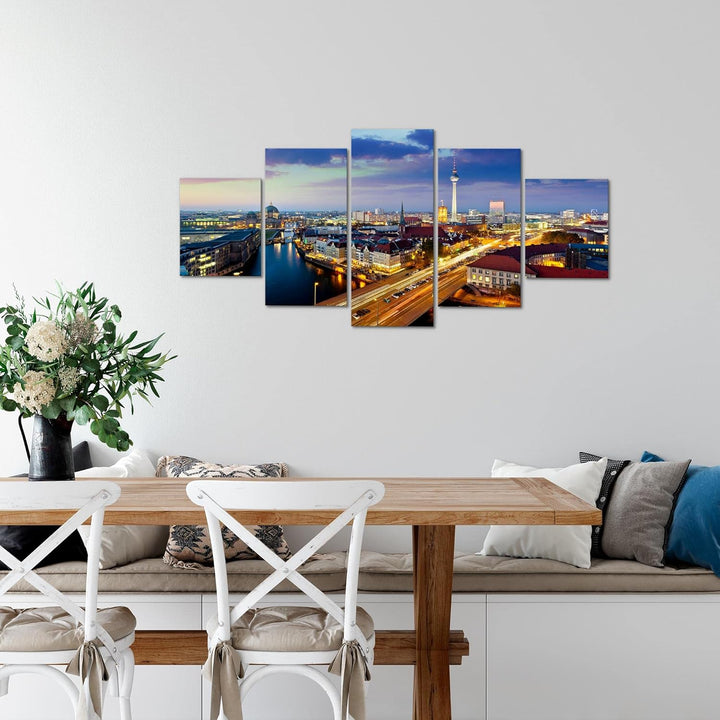Runa Art Wandbilder Berlin 5 Teilig Bild auf Vlies Leinwand Deko Büro Wohnzimmer Stadt Blau 605152a