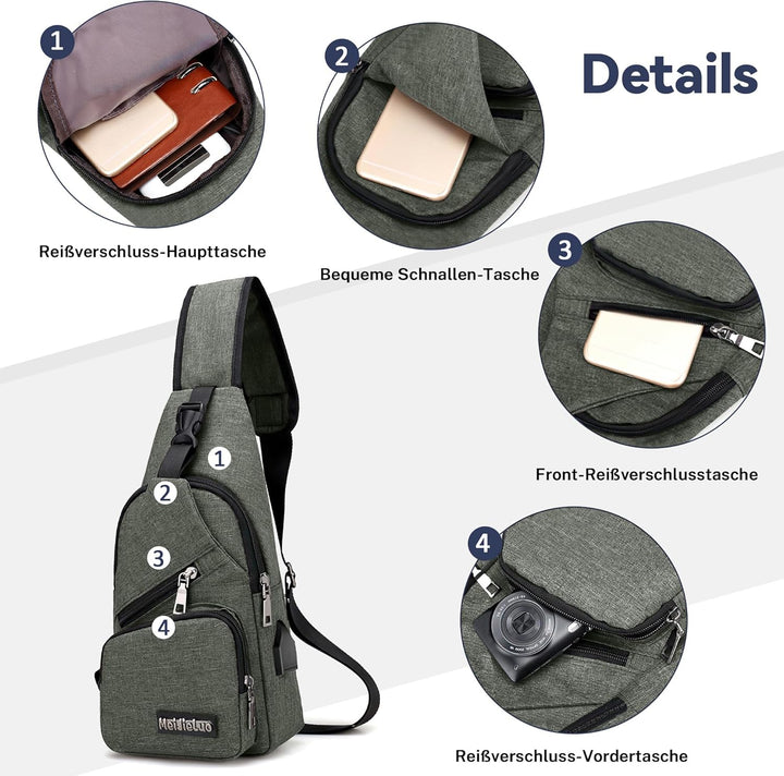 VARLIVOO Herren Sling Bag mit USB Port Crossbody Bag Diebstahlsicherung Schultertaschen Reise Wander