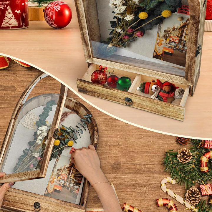 28 x 40 cm Schattenkasten mit Schubladen und abnehmbaren Regalen, Archbraun Holz-Nostalgiekasten für