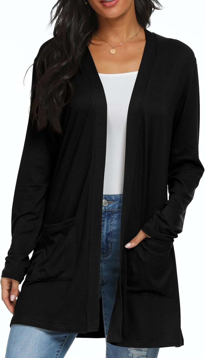 QIXING Casual Leichte Strickjacke Damen Lang Elegant Dünne Strickjacke Lange Ärmel mit Taschen Open