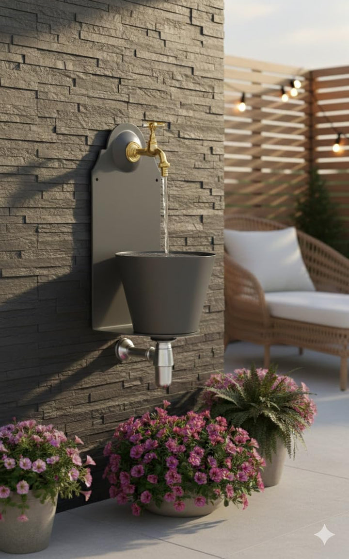 Brunnen mit Mauer aus Eisen mit Wasserhahn, Farbe Anthrazit