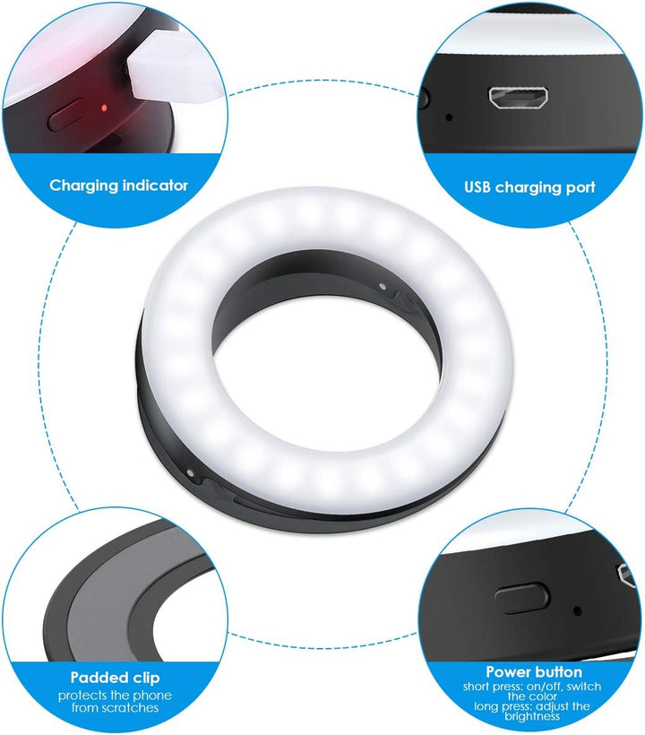 Criacr Criacr Selfie-Ringlicht, 40 LEDs, wiederaufladbar über USB, Selfie-Fülllicht, 3-stufige Helli