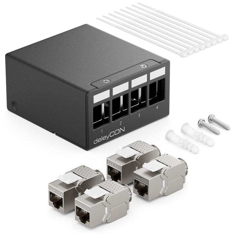 deleyCON 4 Port Patchpanel Set Patchfeld Verteilerfeld 1 HE + 4x RJ45 Keystone Jack Modul STP CAT6a