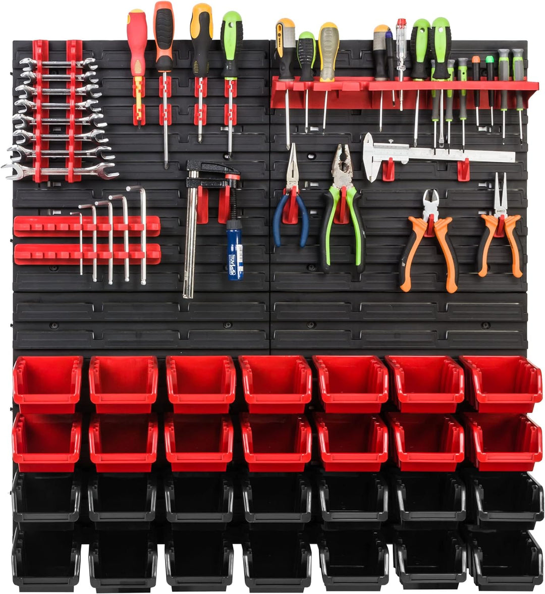 Lagersystem Werkstattregal | 78 x78 cm | 28 stck. Box | Wandregal mit Werkzeughalterungen und Stapel