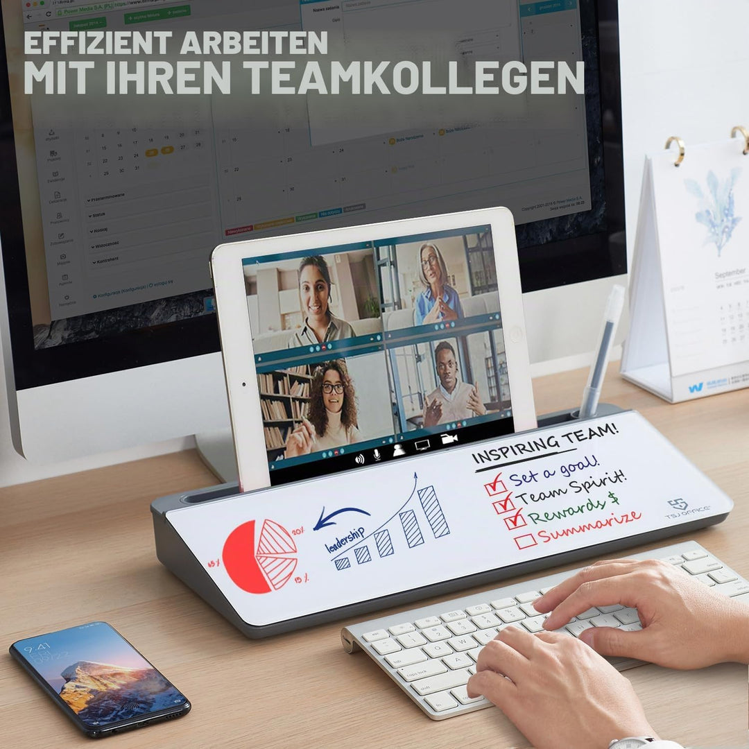 Kleines Whiteboard aus Glas, trocken abwischbar, Computertastatur-Ständer mit Schublade, Schreibtisc