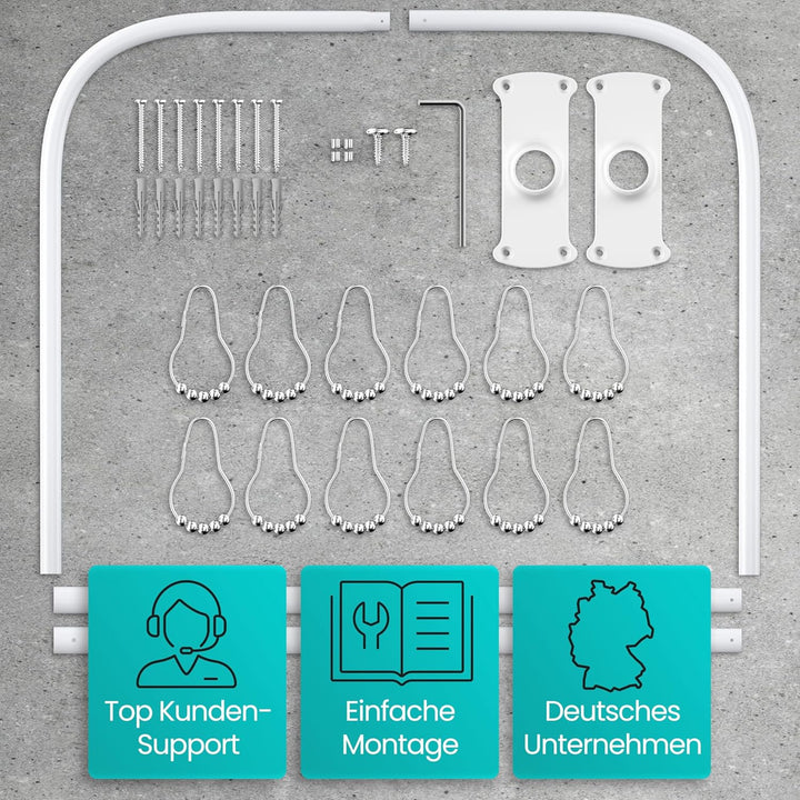 Duschvorhangstange L Form & Duschstange U Form 4 in 1 System inkl. 12 Ringe - Stabile Winkelstange D