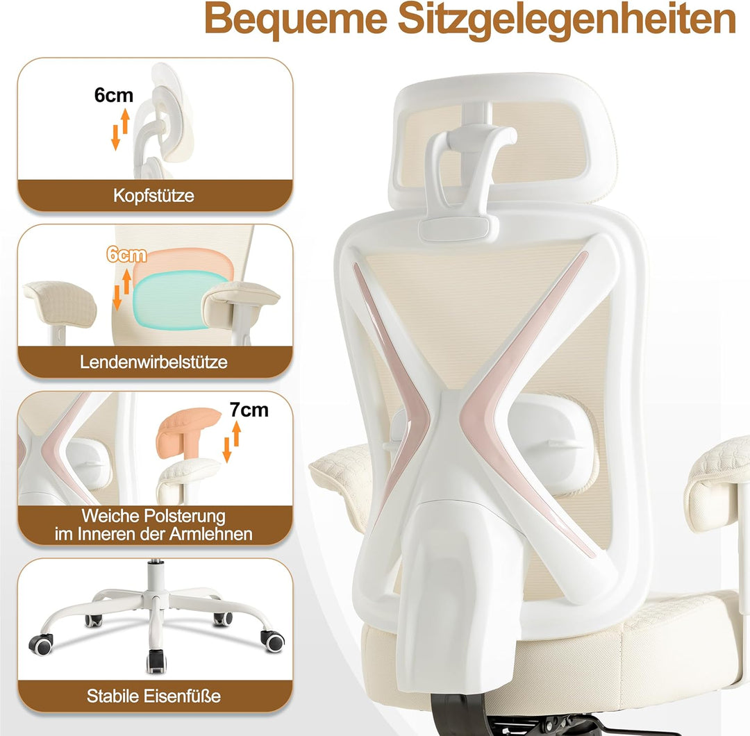 UEV Bürostuhl Ergonomisch bis 220KG Gaming Stuhl Wippfunktion beige | Schreibtischstuhl mit Armlehne
