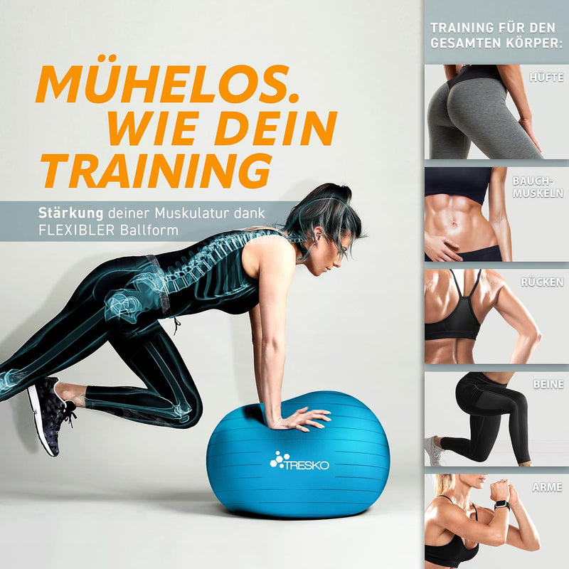 TRESKO® Gymnastikball BPA-Frei inkl. Luftpumpe | Ball für Fitness, Yoga, Gymnastik, Schwangerschaft,