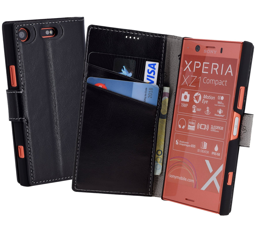 Suncase Book-Style für Sony Xperia XZ1 Compact (Slim-Fit) Ledertasche Leder Tasche Handytasche Schut