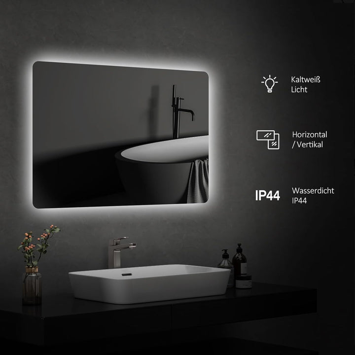 EMKE Badspiegel mit Beleuchtung 50x70 cm Badezimmerspiegel mit Beleuchtung Kaltweiss-Licht 6500K Wan