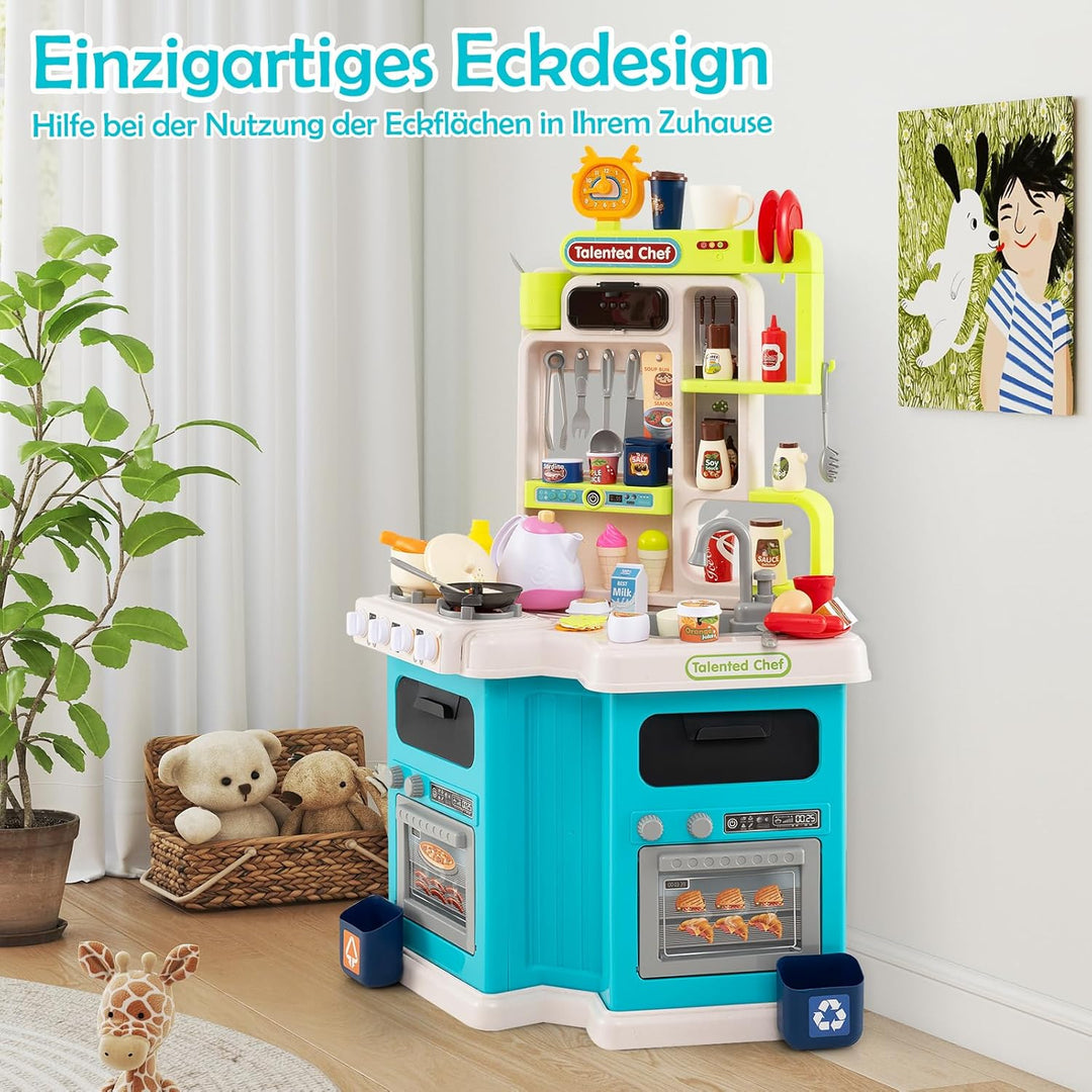 COSTWAY Kinderküche mit 113 Zubehör, Eck-Spielküche mit Licht, Sound & Dampf, Kinder Küche mit Kochh
