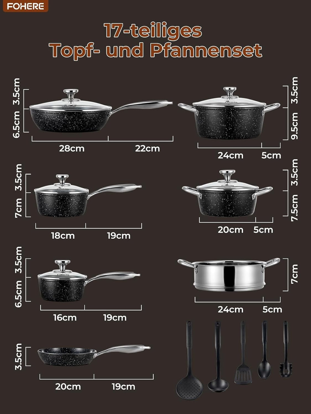 FOHERE Topfset Pfannenset 17-Teilig, Induktions Kochtopf Set mit Glasdeckeln, Töpfe und Pfannen Set,