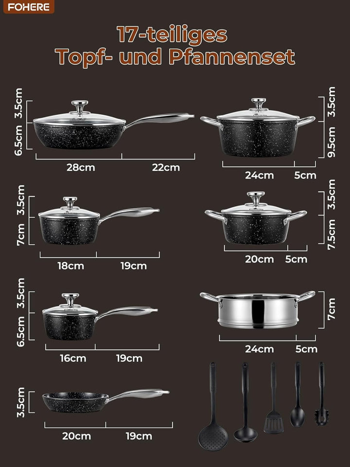 FOHERE Topfset Pfannenset 17-Teilig, Induktions Kochtopf Set mit Glasdeckeln, Töpfe und Pfannen Set,