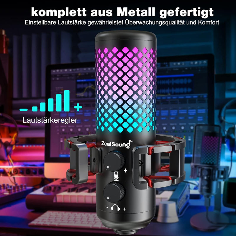 zealsound Gaming Mikrofon PC, RGB Ganzmetall USB Kondensator Mikrofon mit Adapter für Handy, Stumm/G