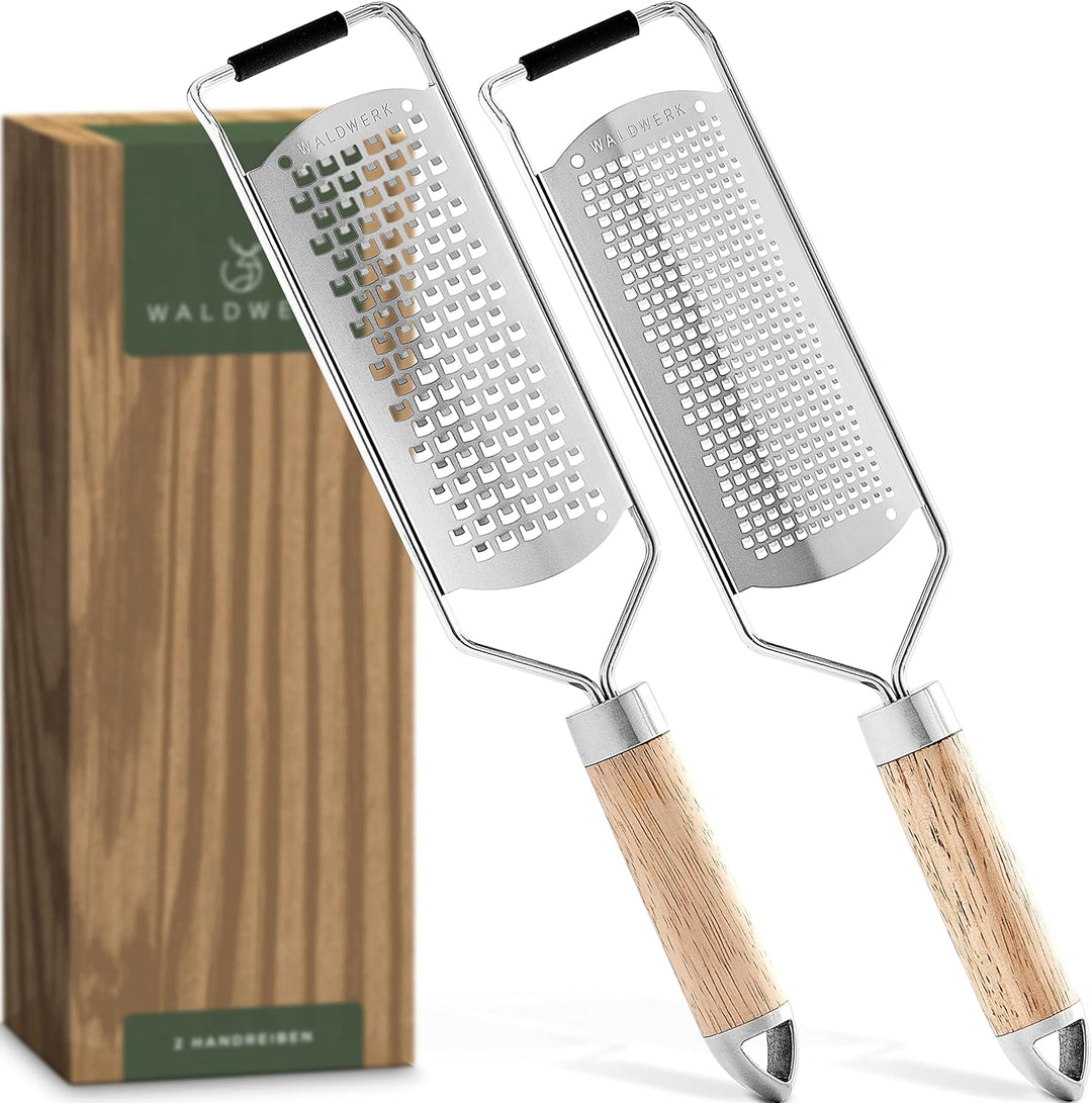WALDWERK Käsereibe (2er Set) - Parmesanreibe mit Design Holzgriff - Zesterreibe aus Edelstahl mit ge