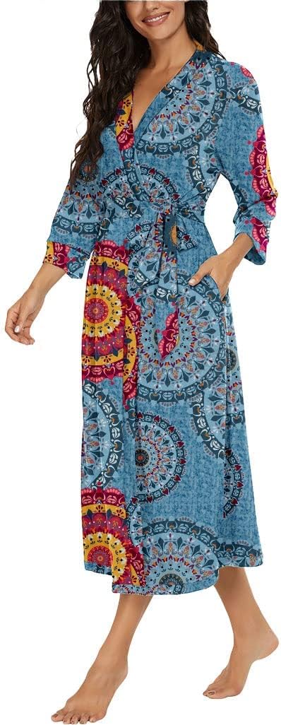 PrinStory Damen Bademantel Leichter 3/4 Ärmeln Morgenmantel V-Ausschnitt Kimono Roben Langes Nachtwä
