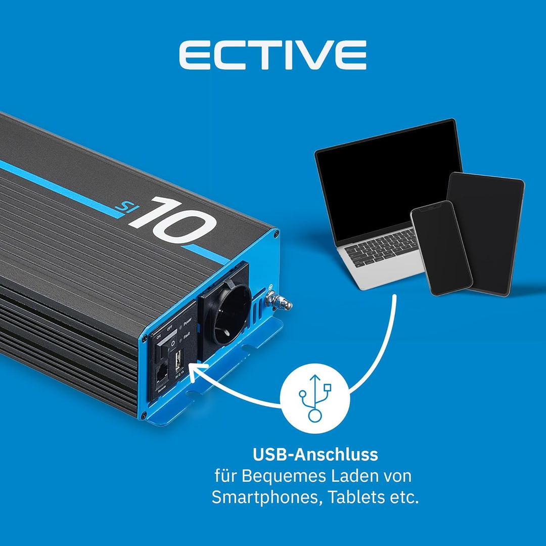 ECTIVE Reiner Sinsus Wechselrichter SI10-1000W, 12V auf 230V, USB, Überlastschutz, Überhitzungsschut