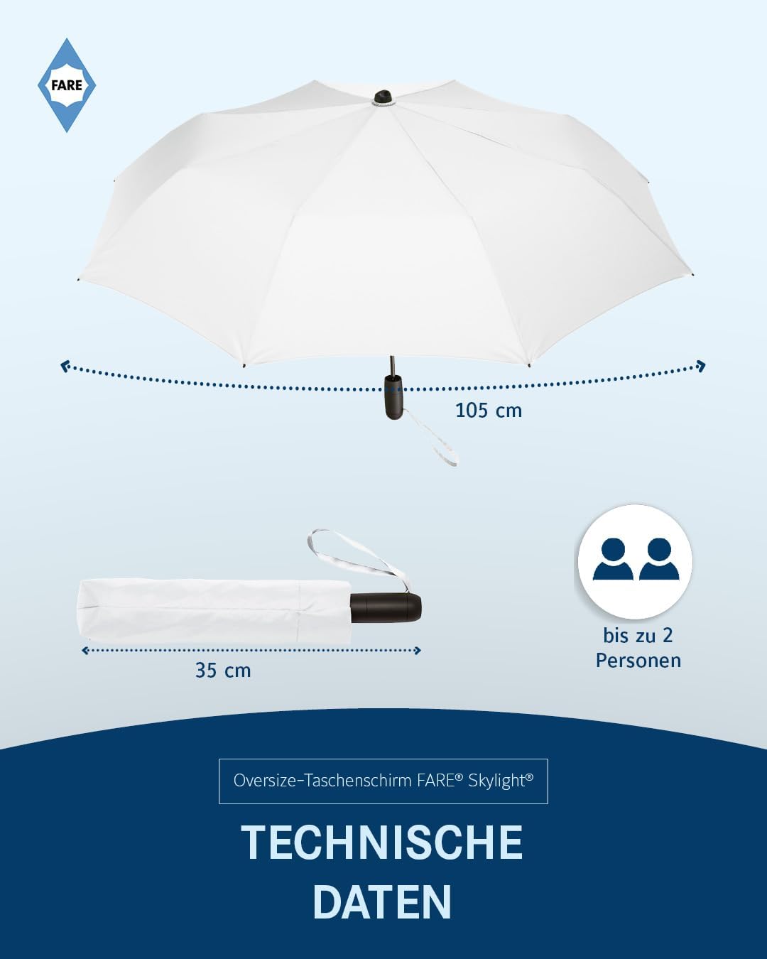 FARE Oversize-Taschenschirm Skylight (weiss) - Effektvoller Regenschirm mit LED-Innenbeleuchtung und
