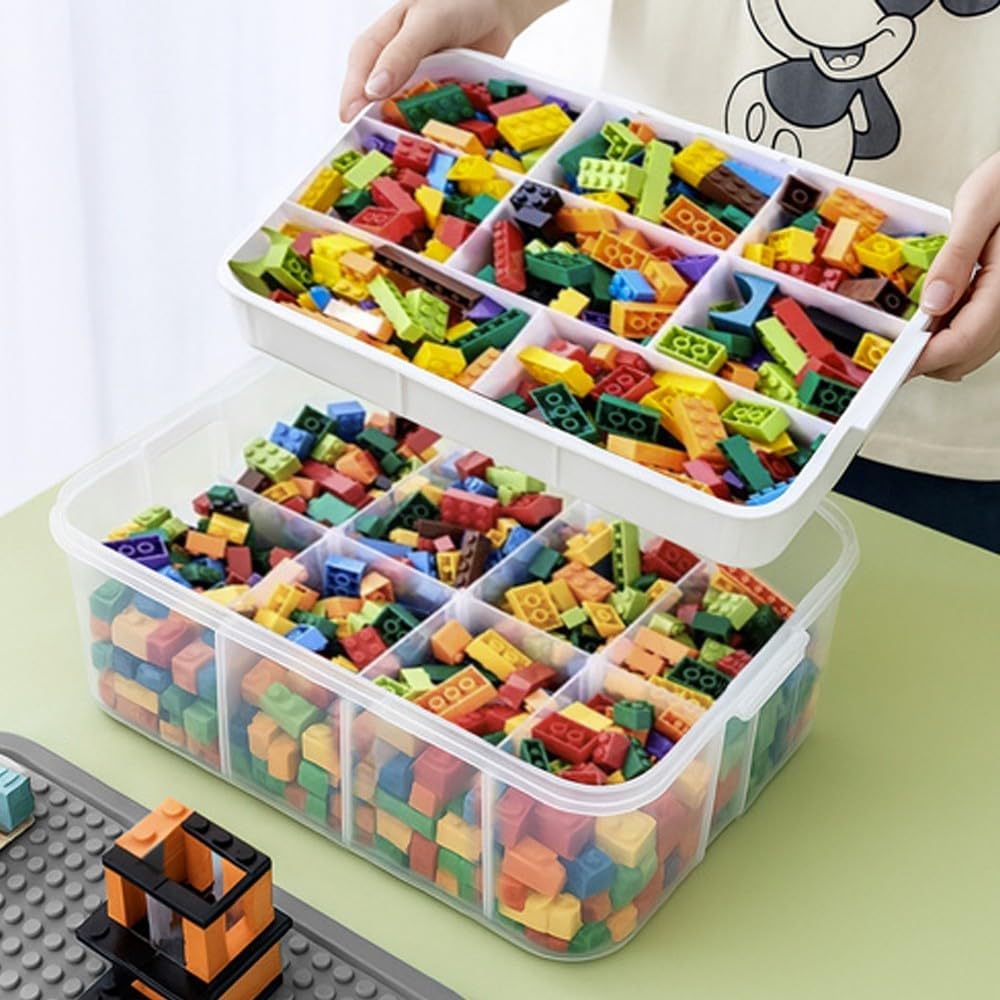 KRUZZEL Bausteine Aufbewahrungsbox 29L mit Griff & Trennwänden – 4 Etagen Stapelbox Transparent für