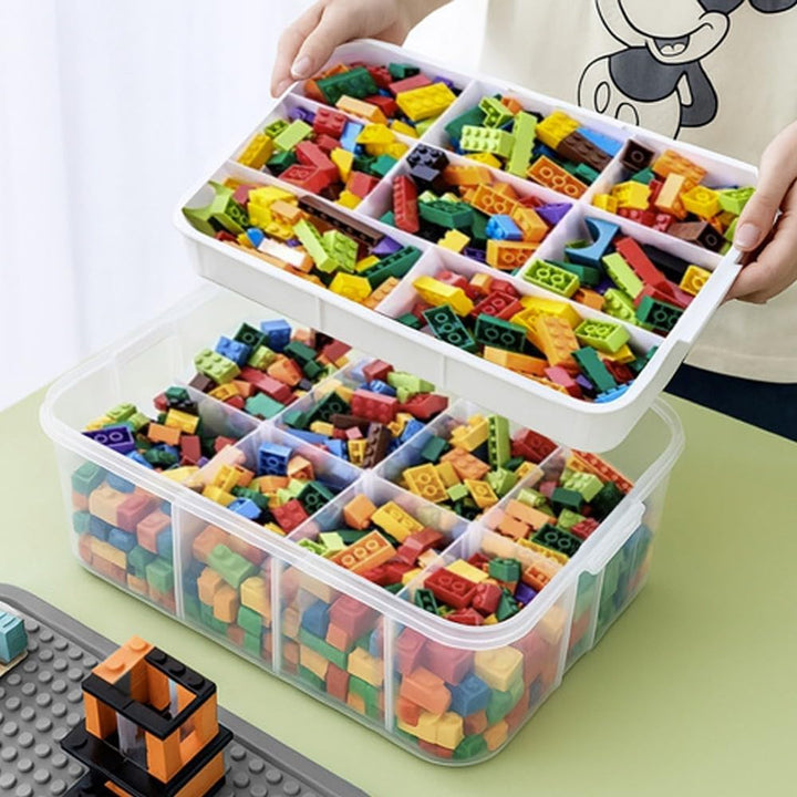 KRUZZEL Bausteine Aufbewahrungsbox 29L mit Griff & Trennwänden – 4 Etagen Stapelbox Transparent für