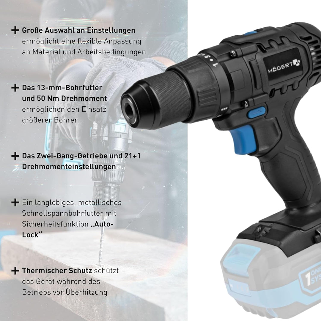 HÖGERT TECHNIK Akku-Bohrschrauber Set 18V, 50 Nm Drehmoment, 2,0 Ah Akku, 4A Ladegerät, Metallgetrie
