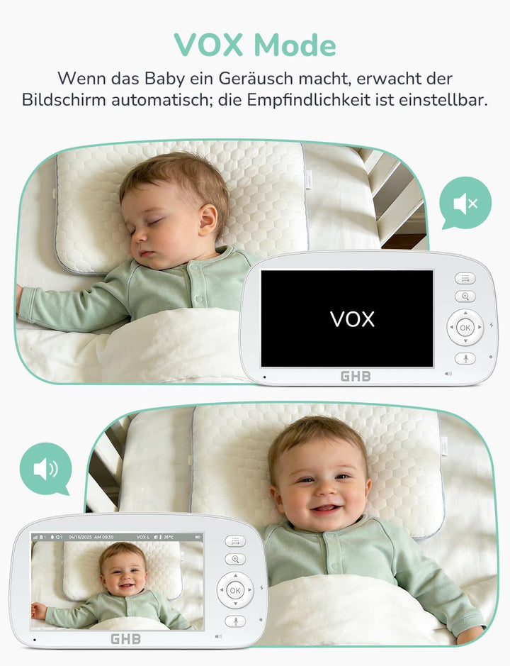 GHB Babyphone mit Kamera 5 Zoll 720P HD Kamera IPS Display mit 5000mAh Akku 4X Zoom 2-Bildschirm-Spl