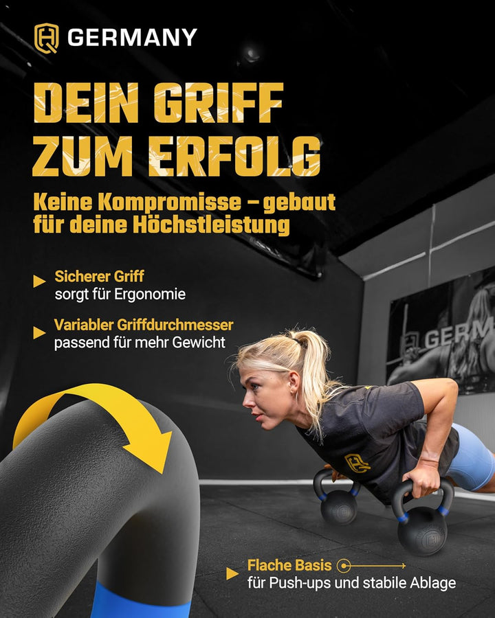 HQ Germany® Kettlebell Powdercoat [Pulverbeschichtung] - Kugelhantel 2-32kg | Vollguss ohne Schweiss