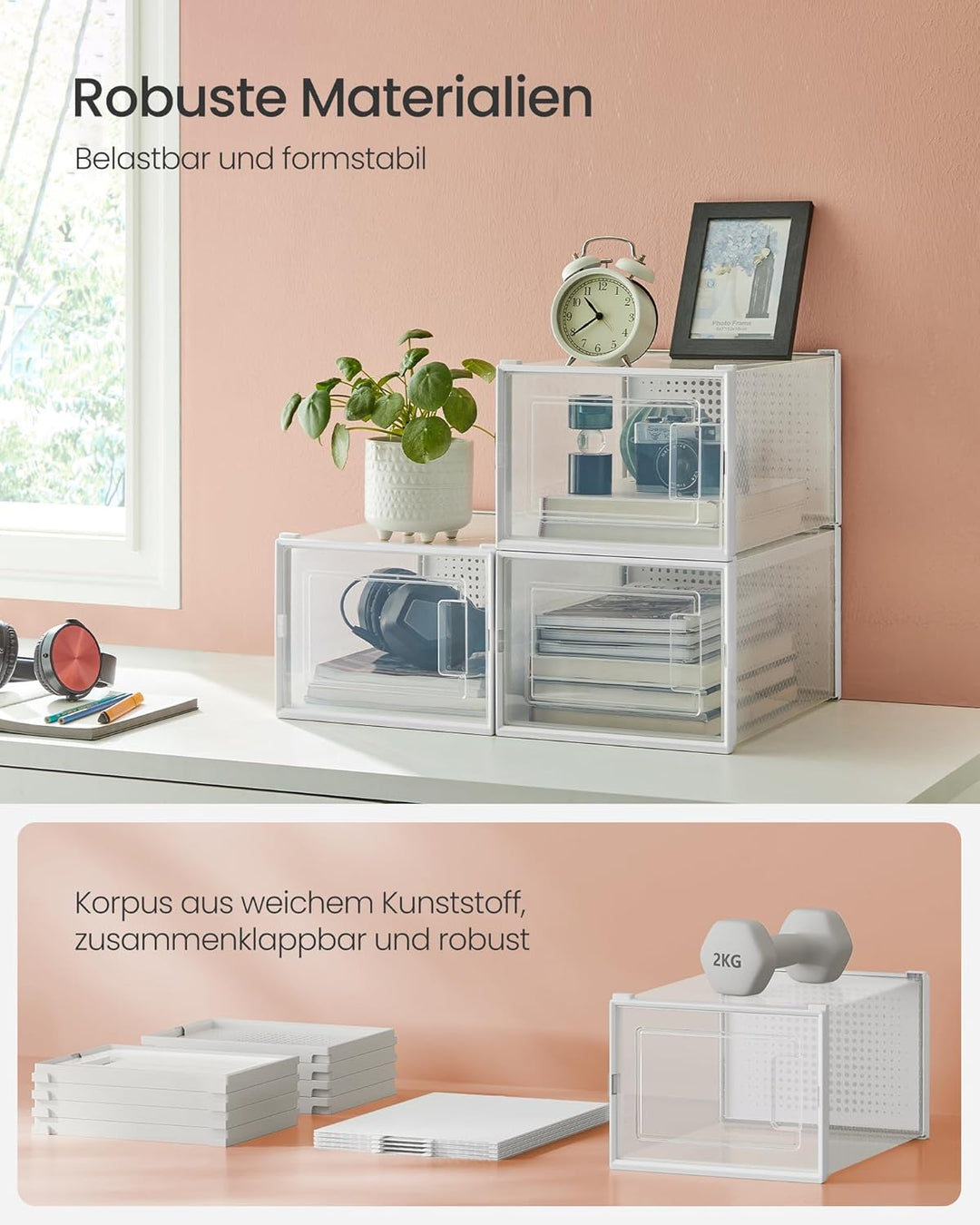 SONGMICS Schuhboxen, 18er Set, Aufbewahrungsboxen für Schuhe, Schuh-Organizer, Kunststoffboxen, falt