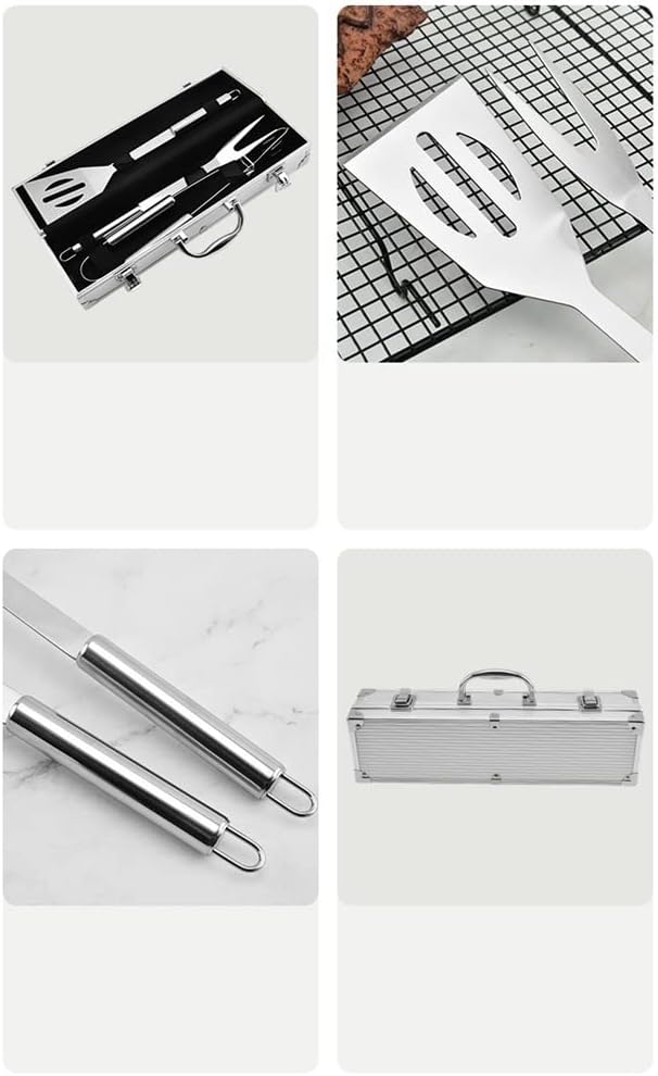 Grill Zubehör, Extra Dicke Edelstahl BBQ Utensilien, 3 Stück Grill Werkzeuge mit Fall-Spachtel, Gabe