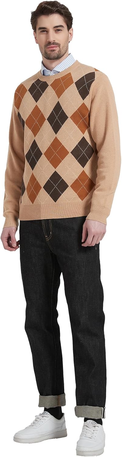 Kallspin Herren Wollmischung Strickpullover Argyle Rundhalsausschnitt Pullover Sweater 3XL Tall Khak