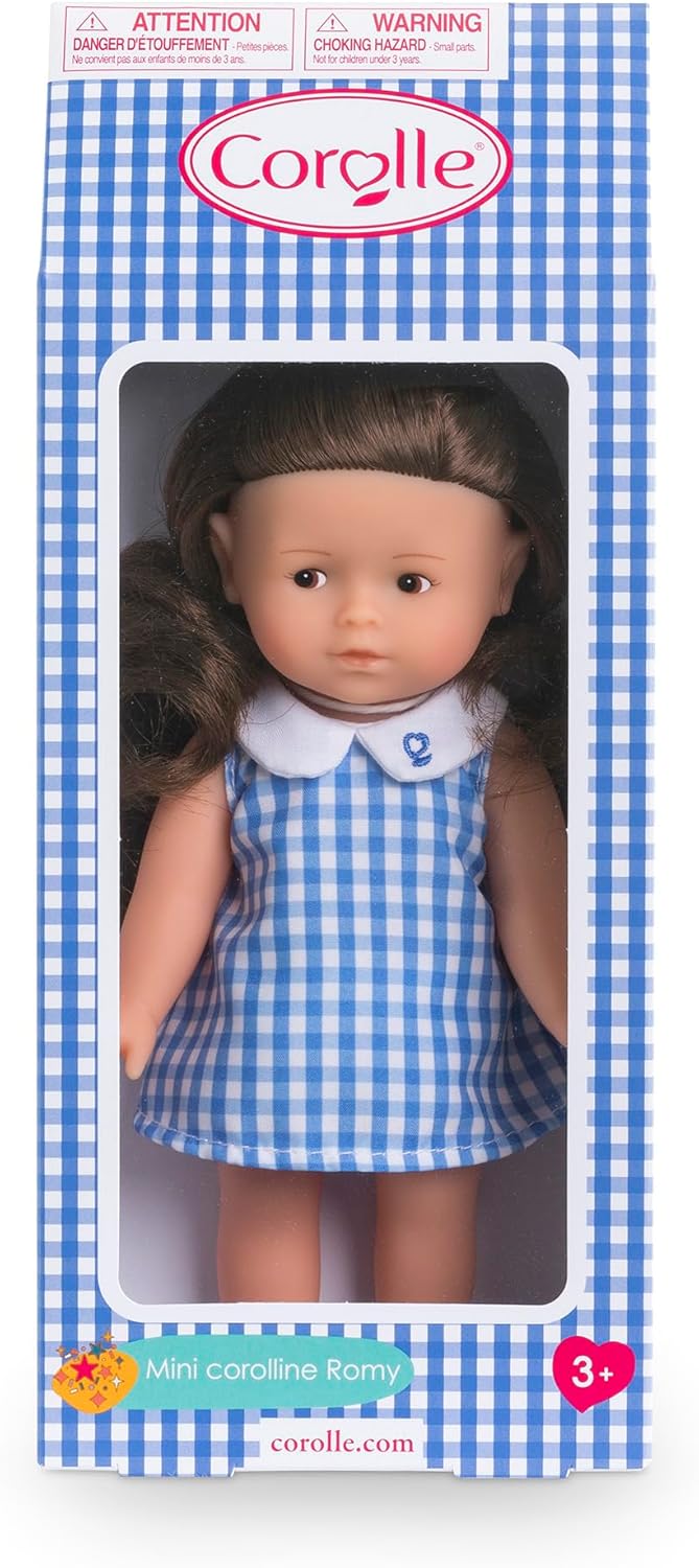 Les Trendies Mini Corolline Romy brünett, Vollvinylpuppe mit langem Haar und Karokleid in Geschenkbo