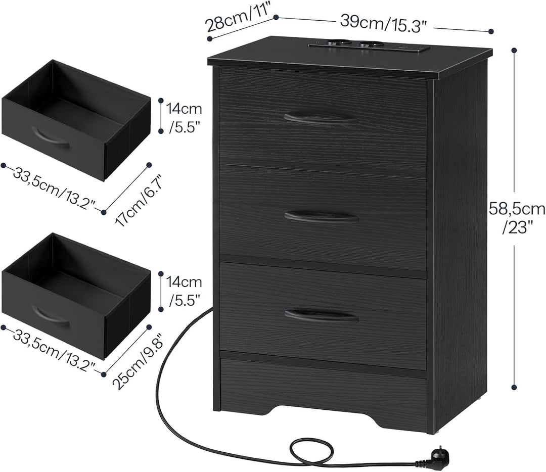 HOOBRO Nachttisch mit Ladestation, schmaler Beistelltisch mit 3 Schubladen, Sofatisch, mit 2 Steckdo
