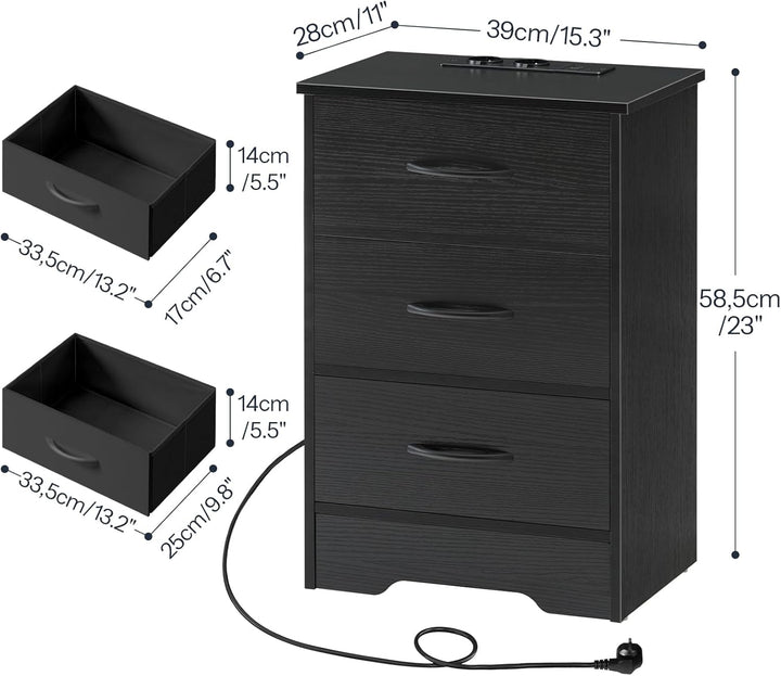HOOBRO Nachttisch mit Ladestation, schmaler Beistelltisch mit 3 Schubladen, Sofatisch, mit 2 Steckdo