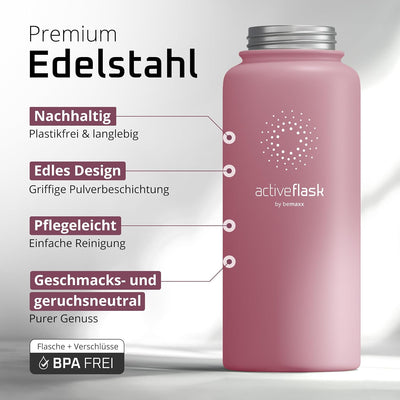 Trinkflasche Edelstahl ACTIVE FLASK + Strohhalm (3 Deckel) BPA-frei, Auslaufsicher, Kohlensäure geei