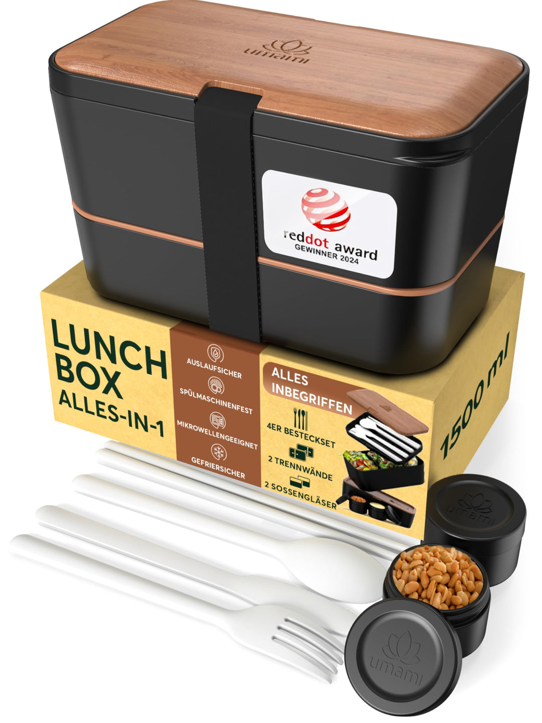 Umami Bento Lunchbox verschachtelbar 1500 ml All-in-One, Bento Box Erwachsene, Mahlzeit Prep Contain