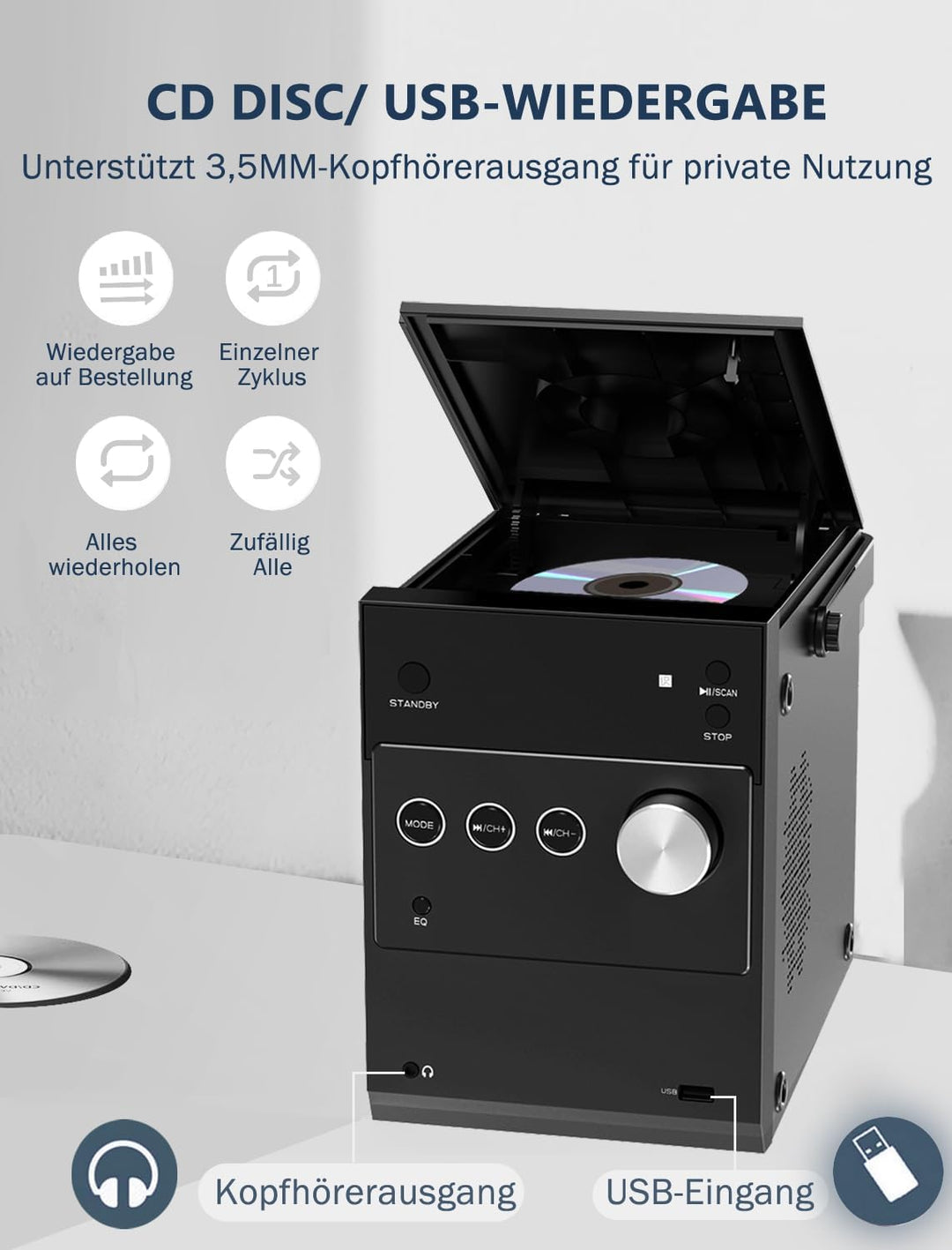 Tragbarer CD-Player Boombox 20W für Draussen, Eingebaute wiederaufladbare Batterie, FM Radio/Bluetoo
