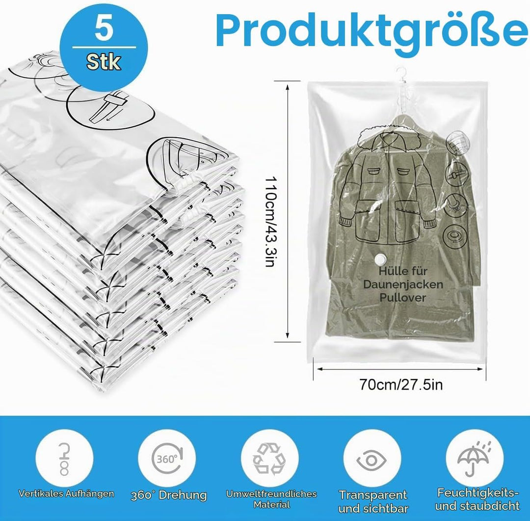 Vakuumbeutel für Kleidung 5 Stück, Hängende Vakuumierbeutel Kleidung (110x70cm), Vacuum Bags for Clo