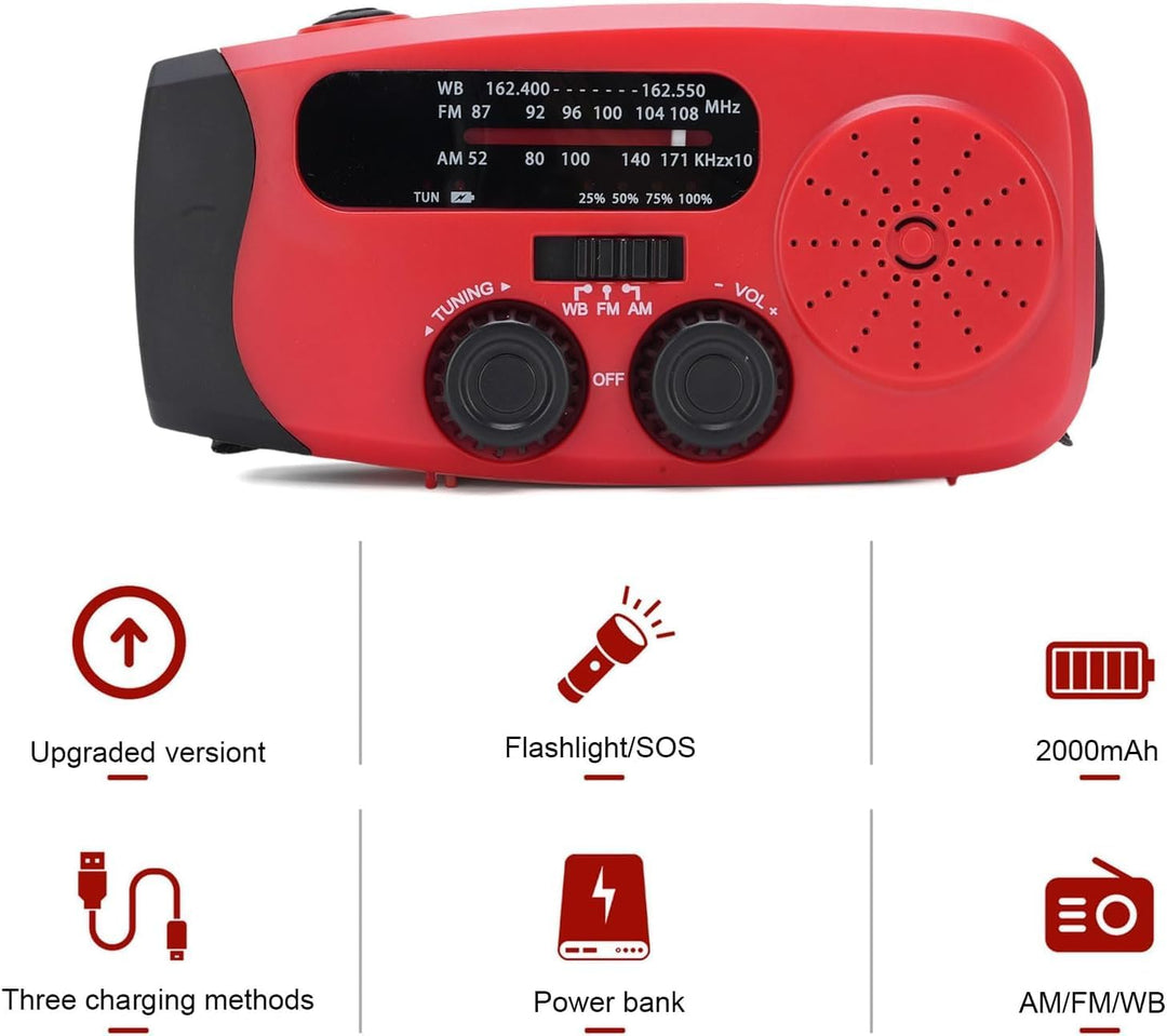 Solar Handkurbel Radio,2000 mAh Solar Handkurbel Dynamo Radio mit LED Taschenlampe Batterieleistung