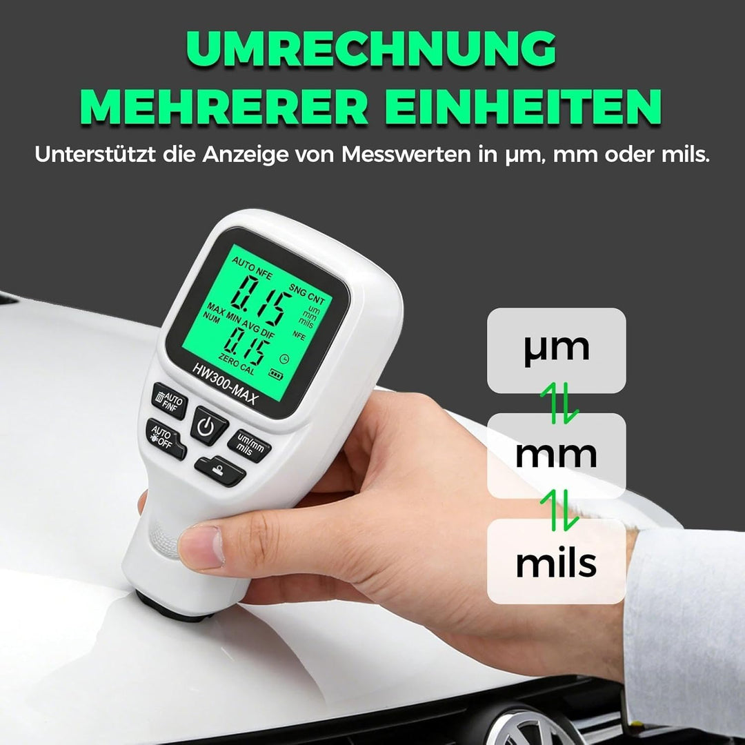 Digitales Lackmessgerät Auto, 0-2000 µm Lackdickenmessgerät für Auto, Einheitenumrechnung (Mikron, M