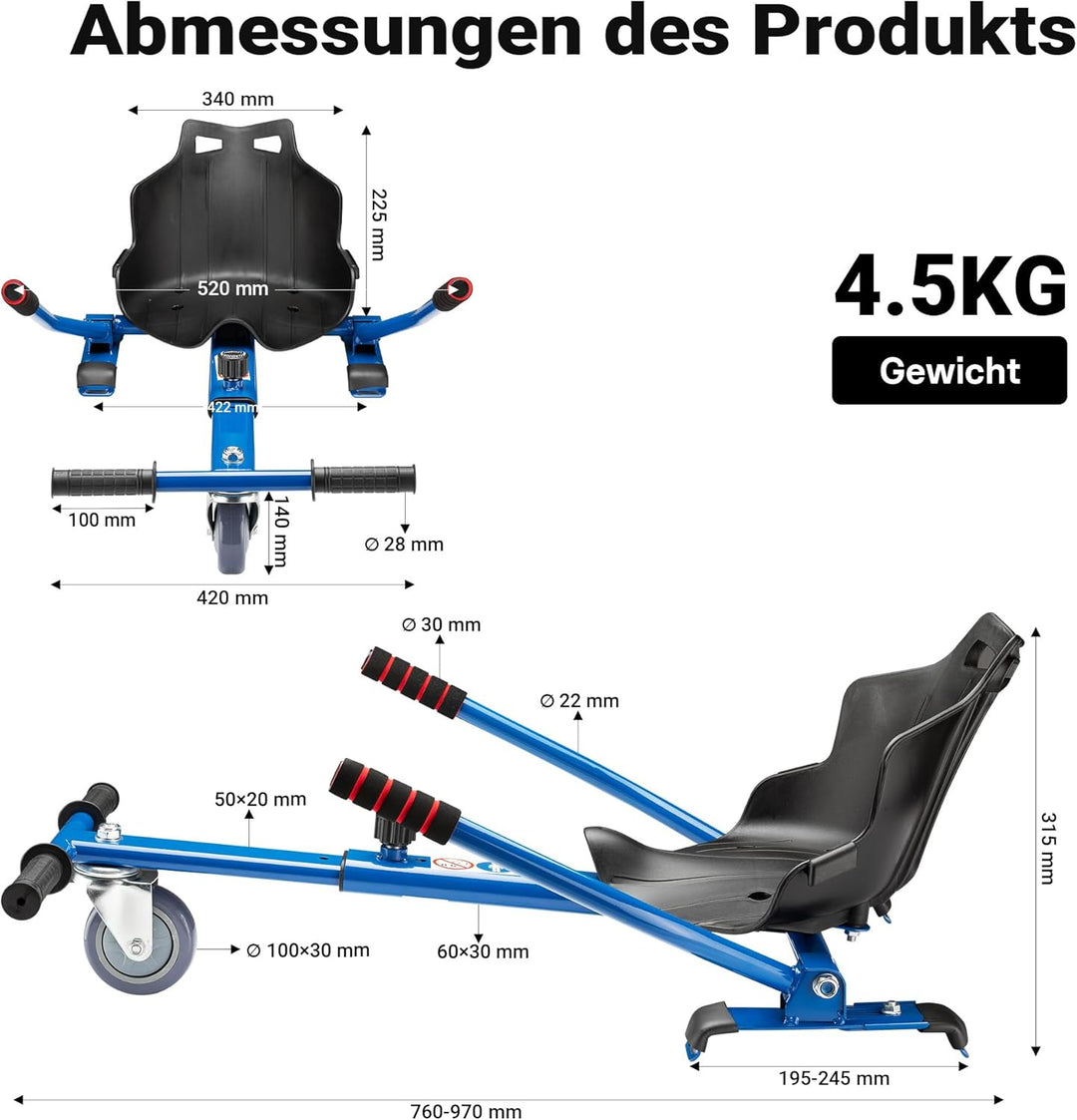 Wiltec Sitzscooter Blau, verstellbarer Kartsitz für Elektroscooter bis 120 kg, Sitzscooter kompatibe