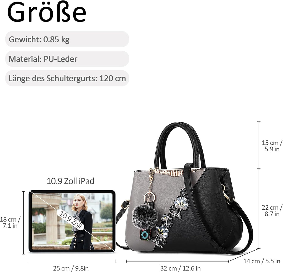 DORRISO Damen Handtasche Mode Stickdesign Schultertasche Grosse Kapazität Umhängetasche Casual Reise