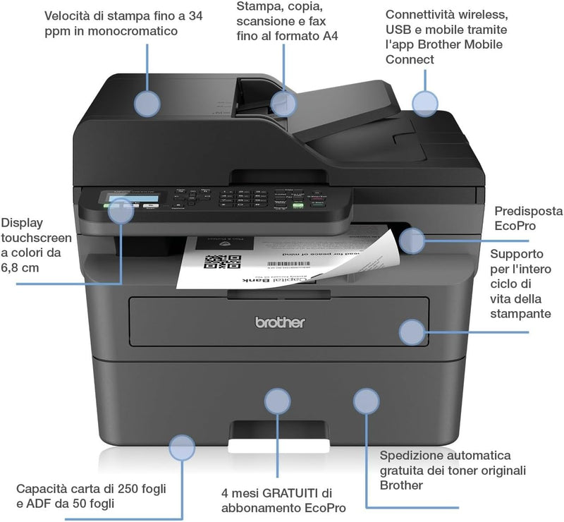 Brother MFC-L2860DWE 4-in-1-Multifunktions-Laserdrucker, 34 ppm, Duplexdruck, 6,8 cm Touchscreen-Far