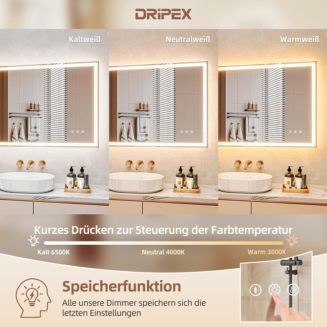 Badezimmerspiegel Led Badspiegel, Speicherfunktion, Touch-Schalter, Druckknopf, Dimmbar, 3 Lichtfarb
