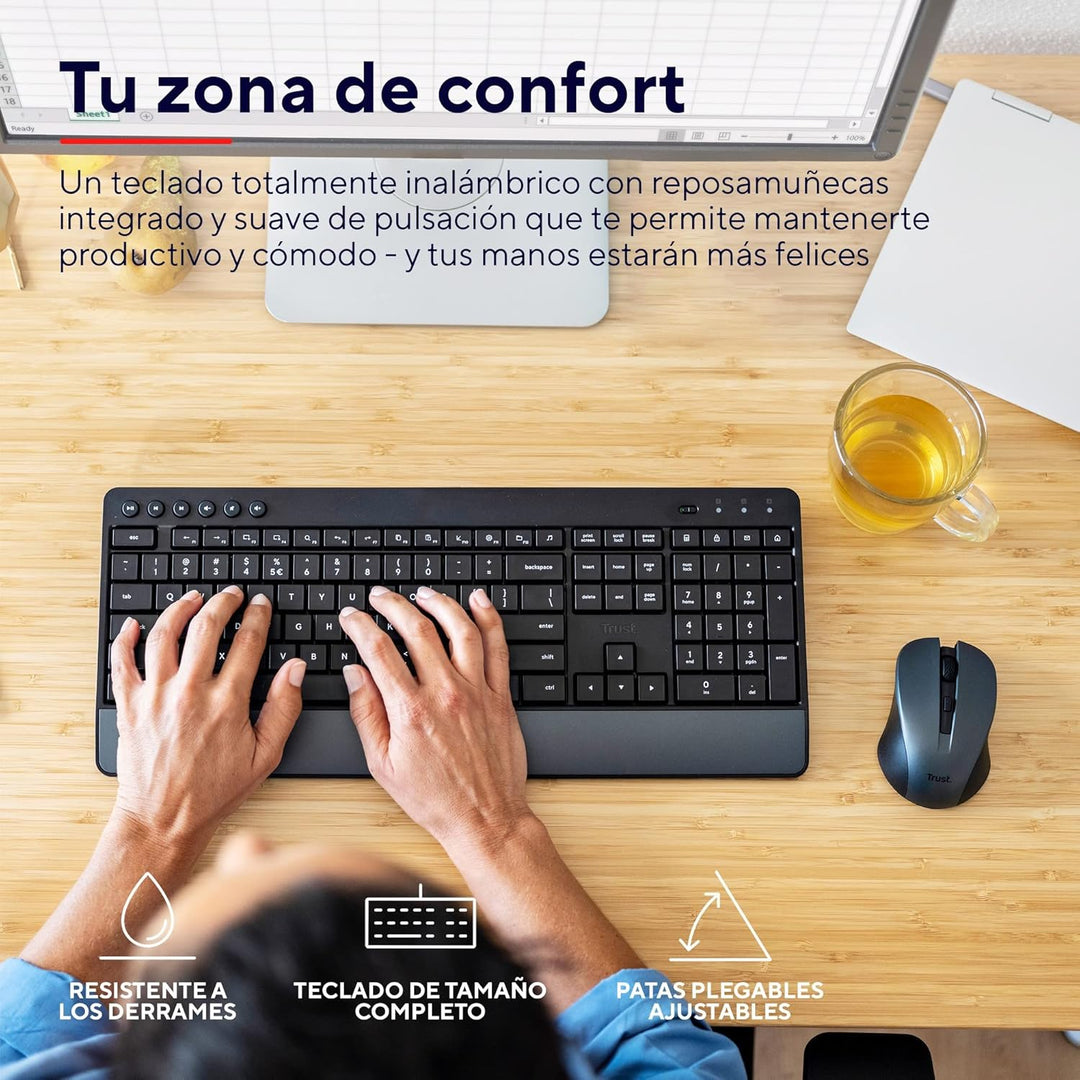 Trust Trezo Wireless Spanische QWERTY Tastatur und Maus, Langlebiges Design, leise und ergonomische