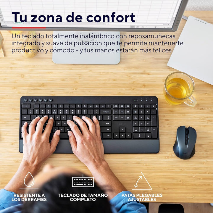 Trust Trezo Wireless Spanische QWERTY Tastatur und Maus, Langlebiges Design, leise und ergonomische