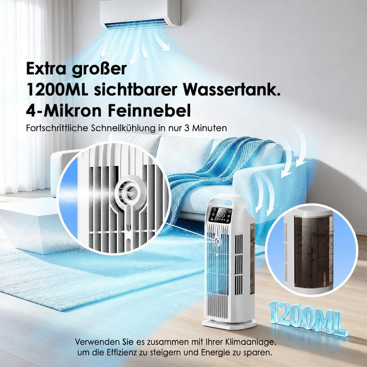 Mobile Klimaanlage ohne Abluftschlauch 6-in-1, Luftkühler mit Wasserkühlung &amp; 1200ml Tank, 7m/s Turb