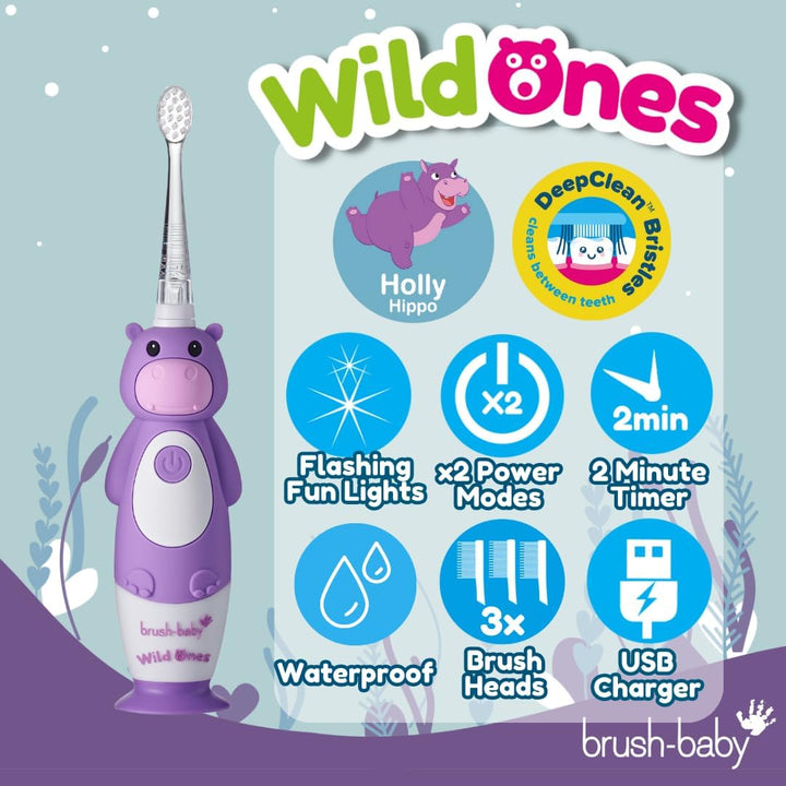Brush-Baby WildOnes Kinder Elektrische Wiederaufladbare Zahnbürste, 1 Griff, 3 Bürstenköpfe, USB-Lad
