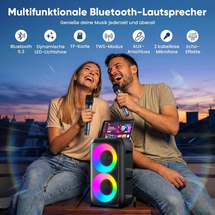 Partybox Bluetooth Party Lautsprecher mit 2 kabellosen Mikrofonen: 3-in-1 tragbare Musikbox für Gebu