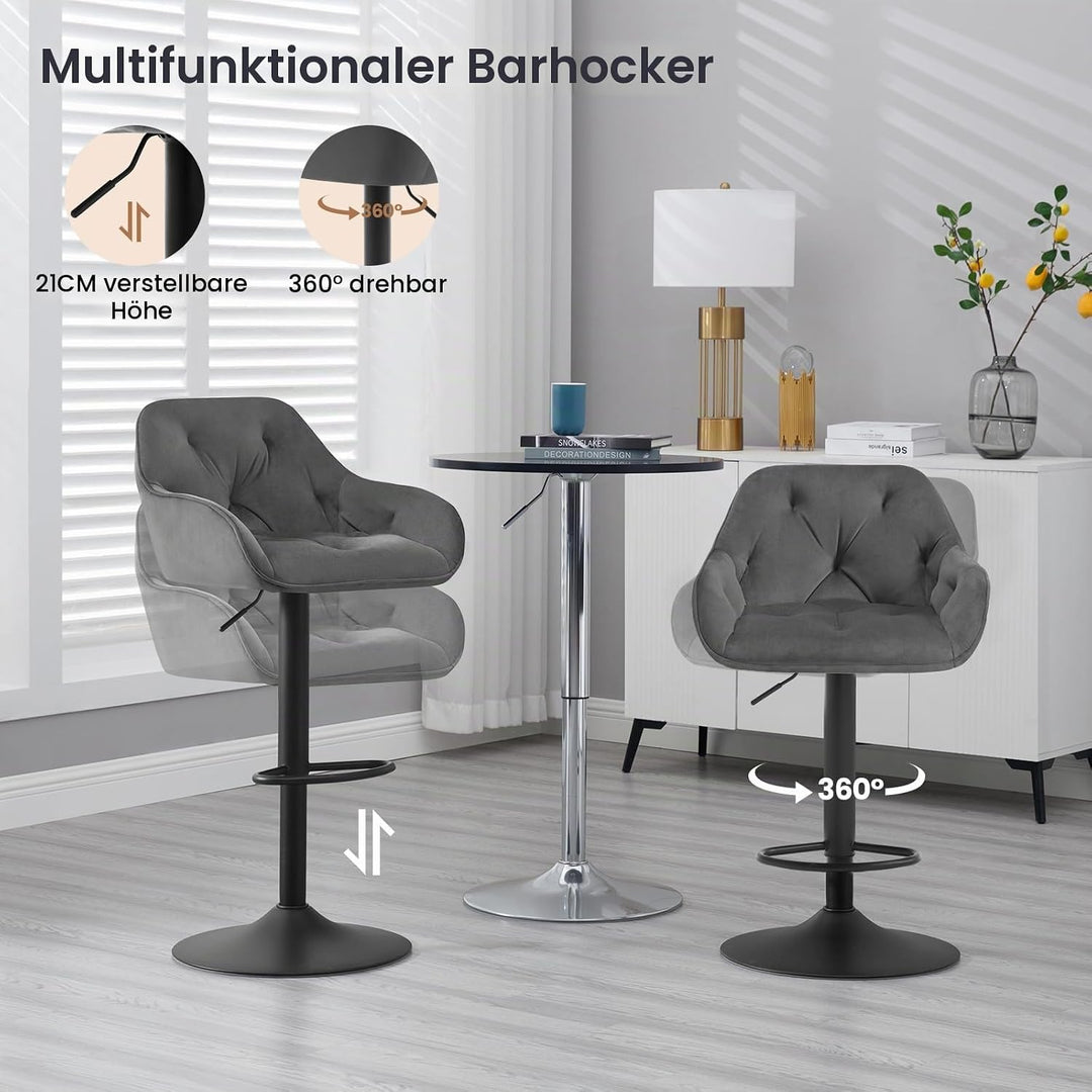 WOLTU Barhocker 2er Set, Barstuhl höhenverstellbar drehbar, Drehstuhl mit Samtbezug, Hocker mit Arml