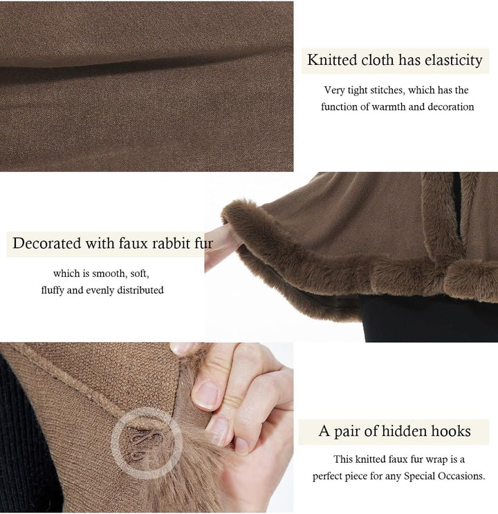 BEAUTELICATE Damen Kunstpelz Strick Poncho Cape Warm Umhang Gestrickt mit Kapuze Cardigan Brautjacke